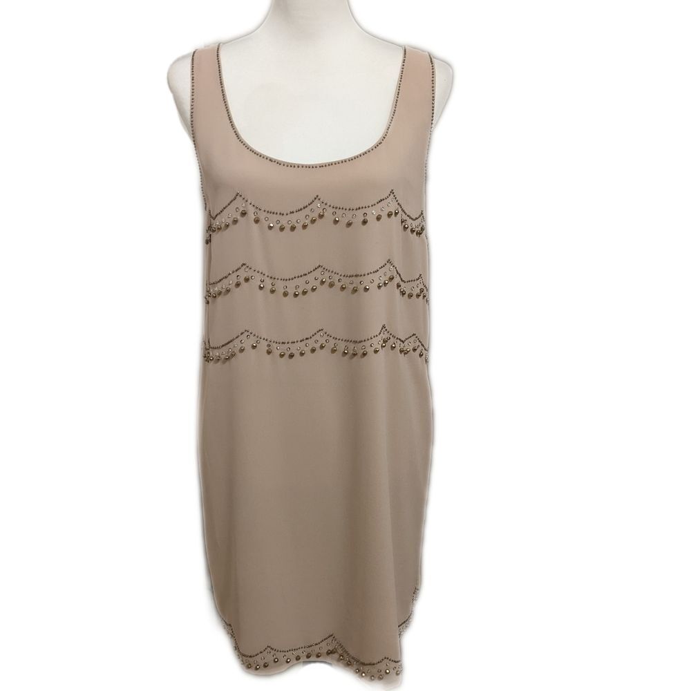 H&M sleeveless sheath dress, lined, nude color w/beading & sequins 8
